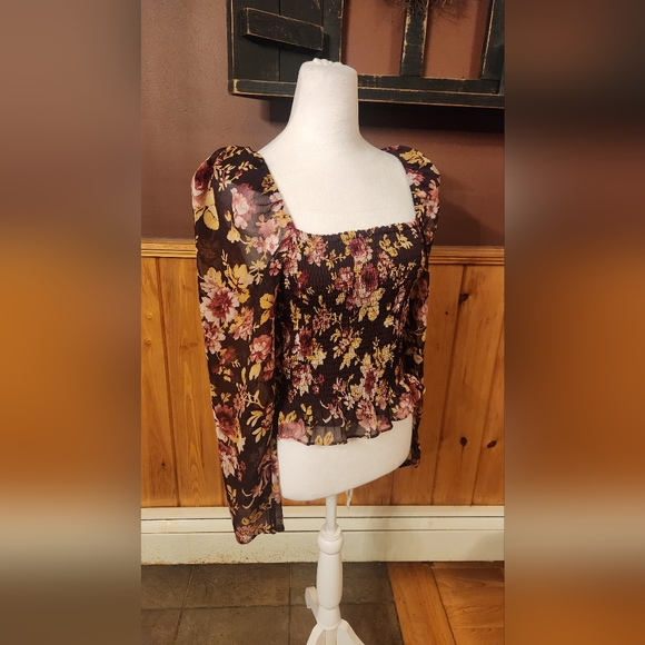 Express Floral Square Neck Smocked Body Top Size Small Brown Pink - Picture 7 of 12